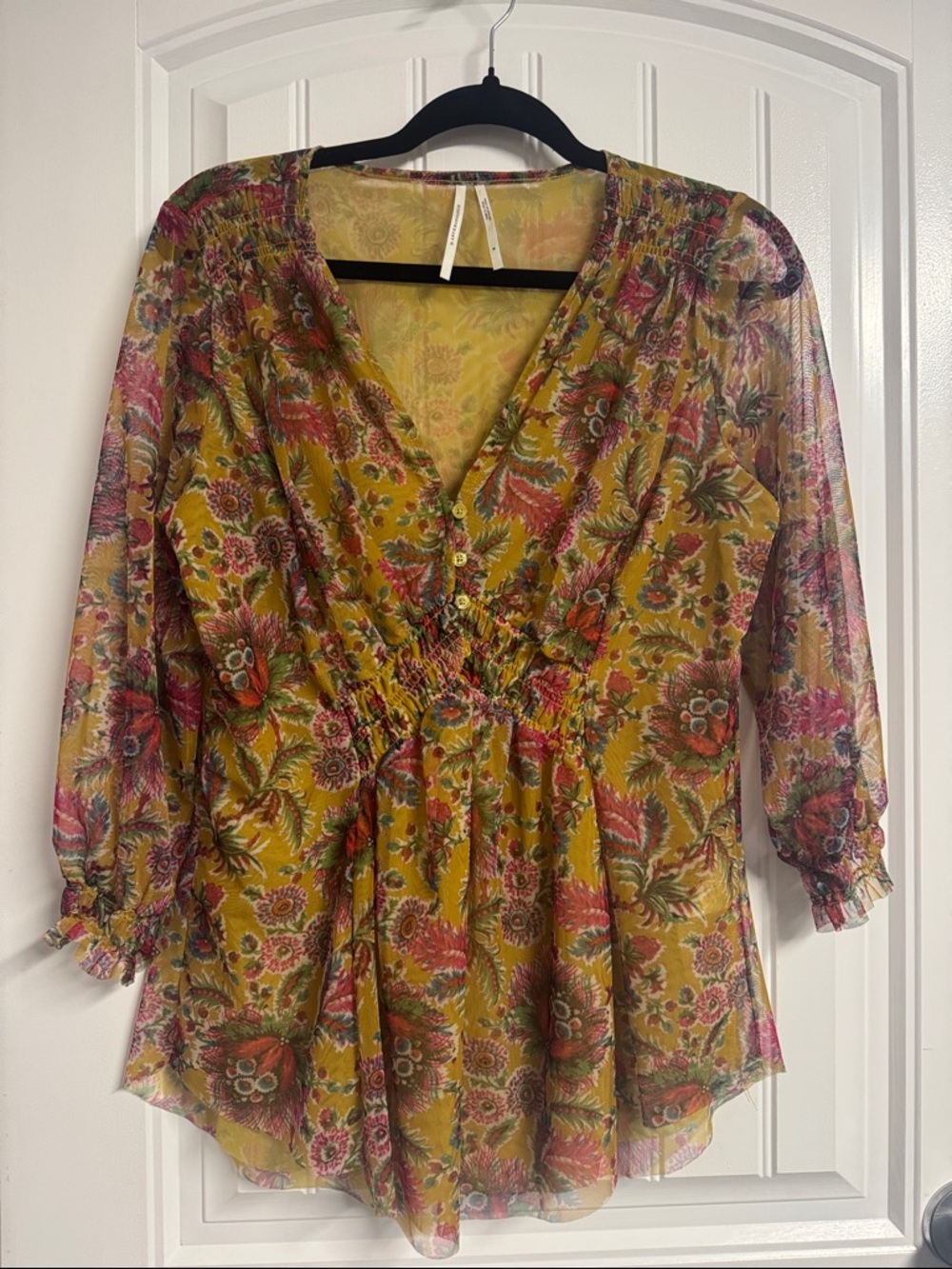 Anthropologie Mustard Floral V-Neck Smocked Waist Blouse